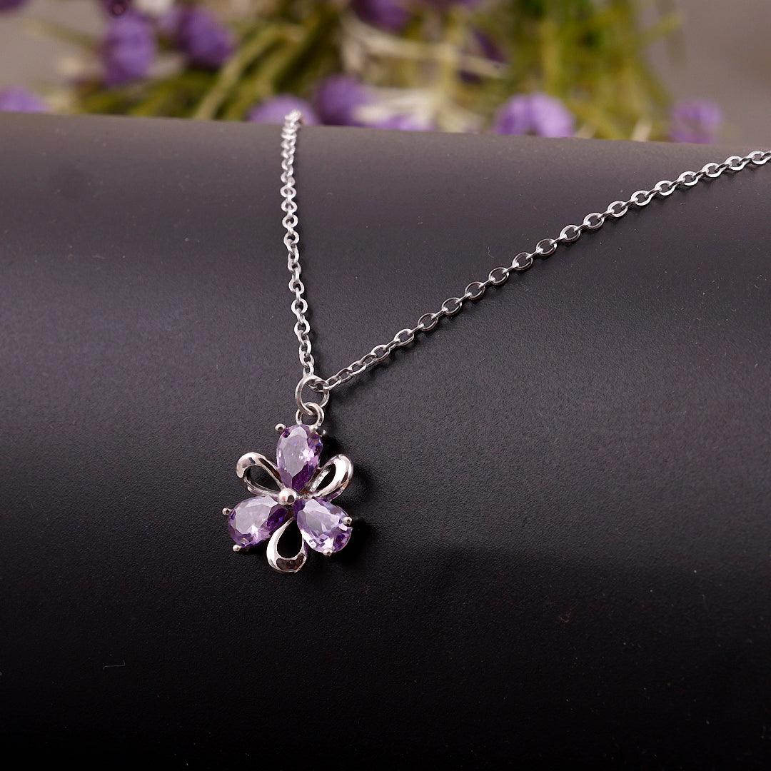 Silver Necklace with Purple Gemstone Flower Pendant