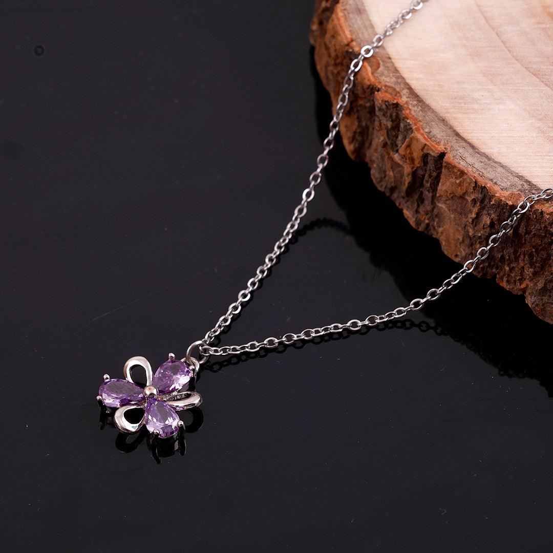 Silver Necklace with Purple Gemstone Flower Pendant