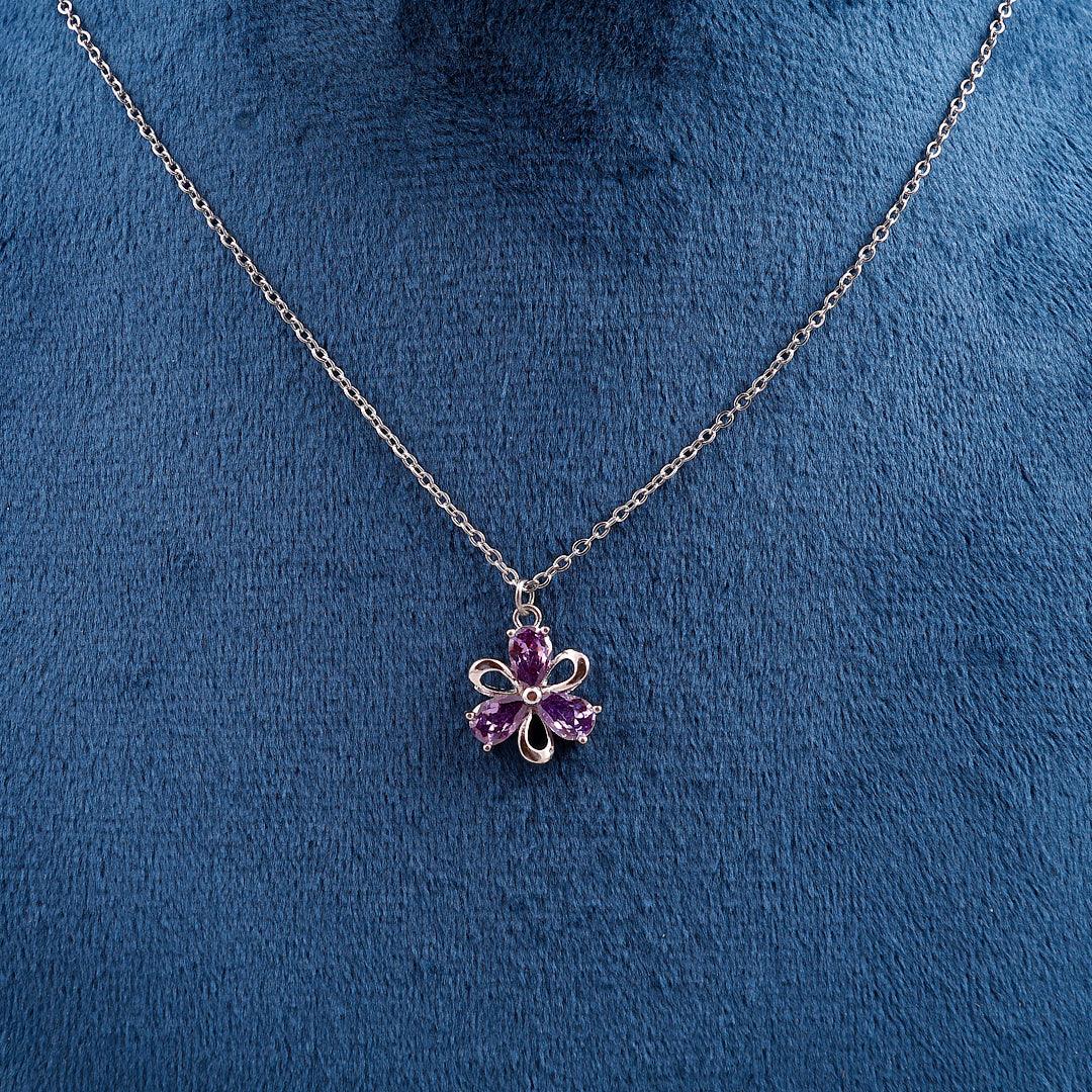 Silver Necklace with Purple Gemstone Flower Pendant