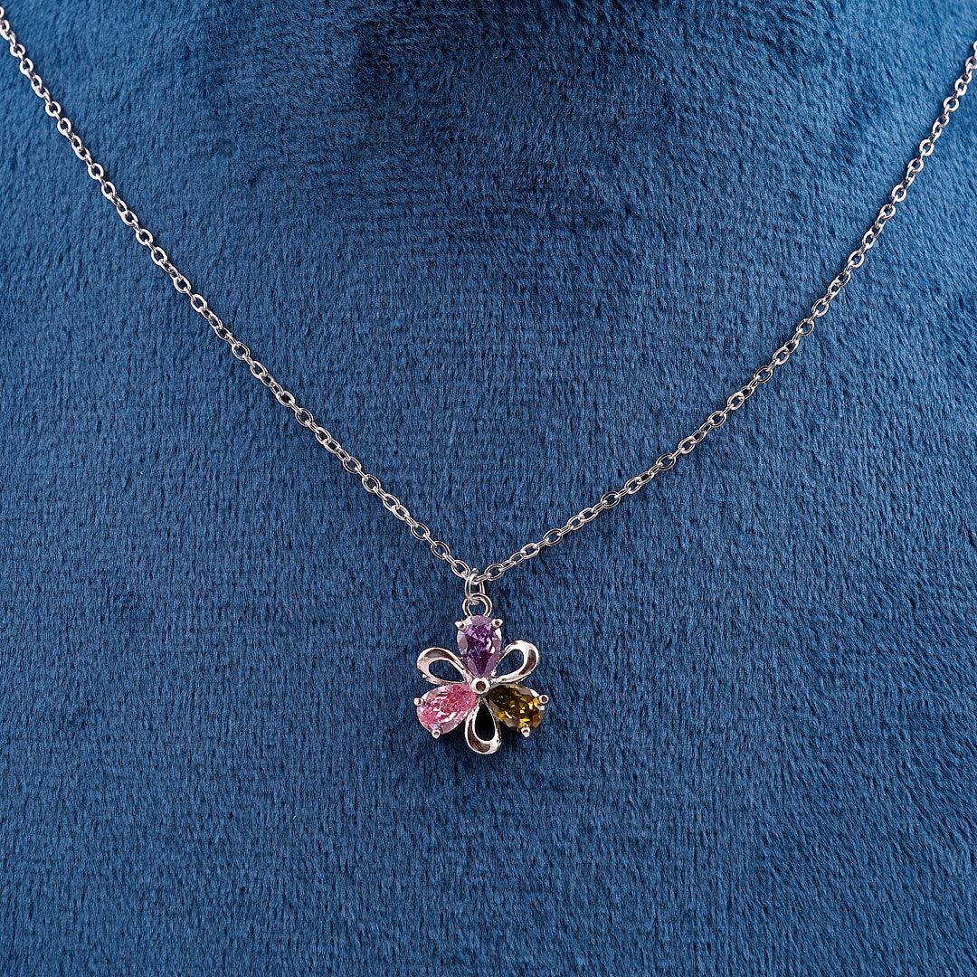 Silver Necklace with Multicolored Gemstone Flower Pendant