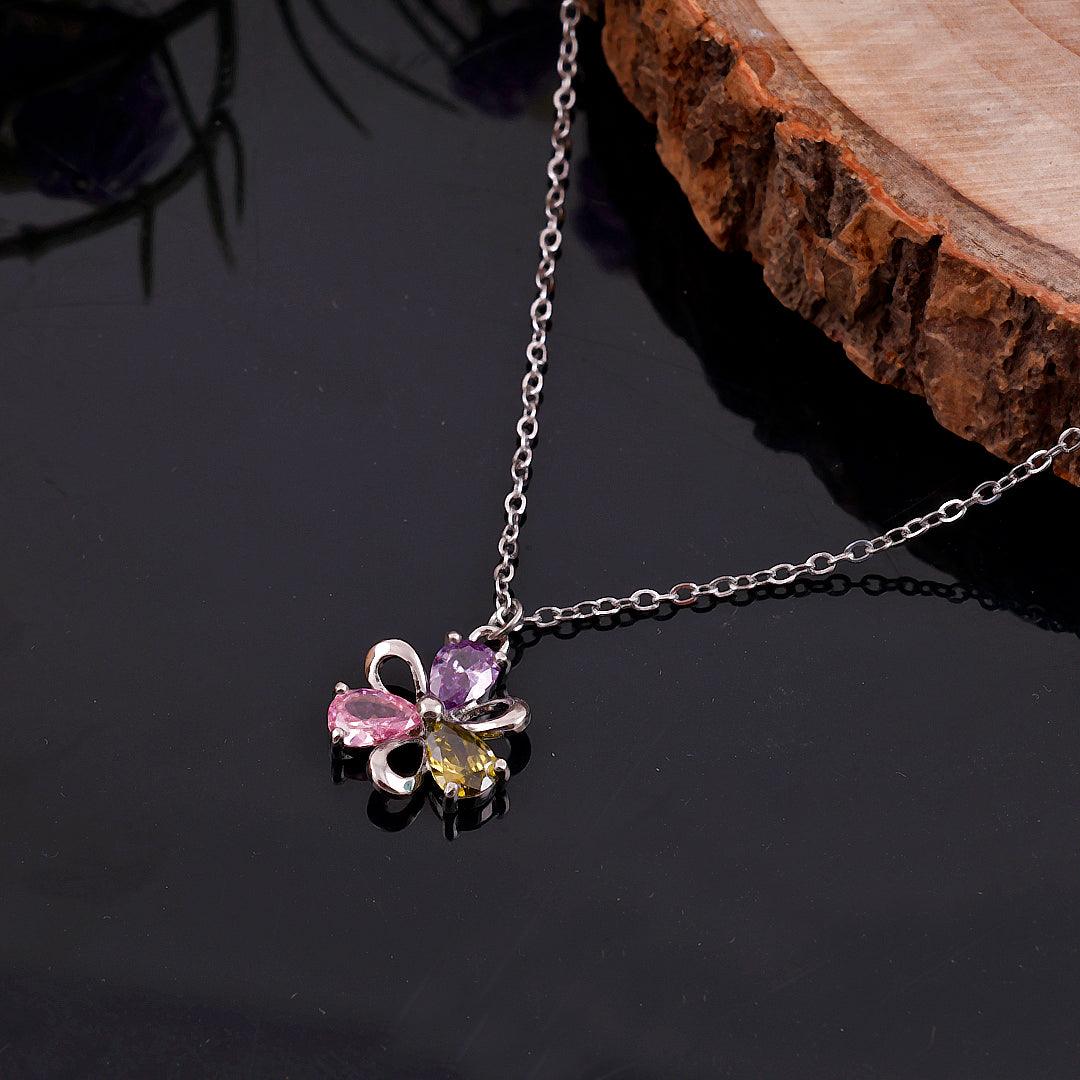 Silver Necklace with Multicolored Gemstone Flower Pendant