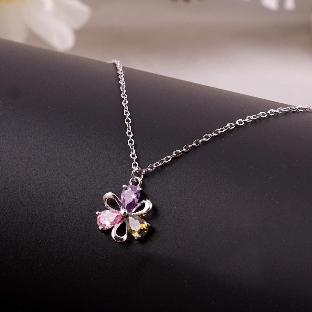 Silver Necklace with Multicolored Gemstone Flower Pendant