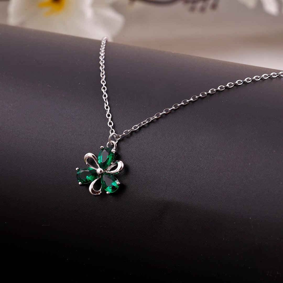 Silver Necklace with Green Gemstone Flower Pendant