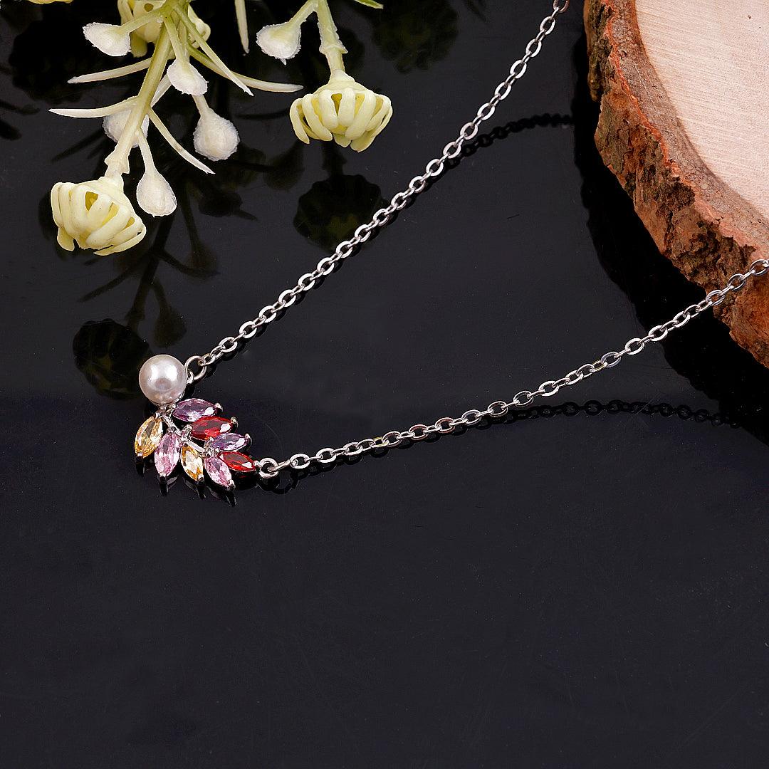 Silver Necklace with Multi-Colored Gemstones and Pearl Pendant