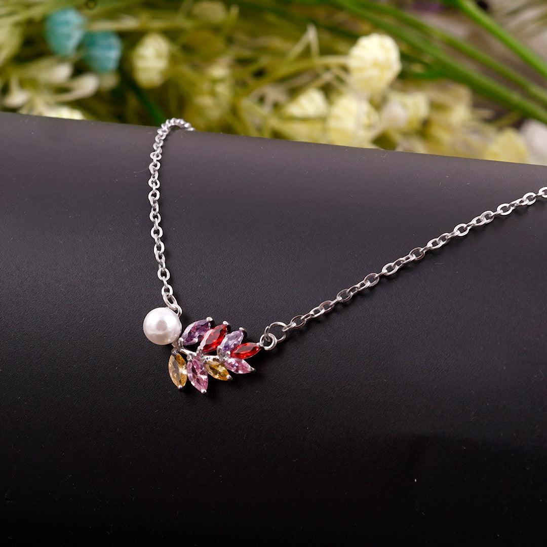 Silver Necklace with Multi-Colored Gemstones and Pearl Pendant