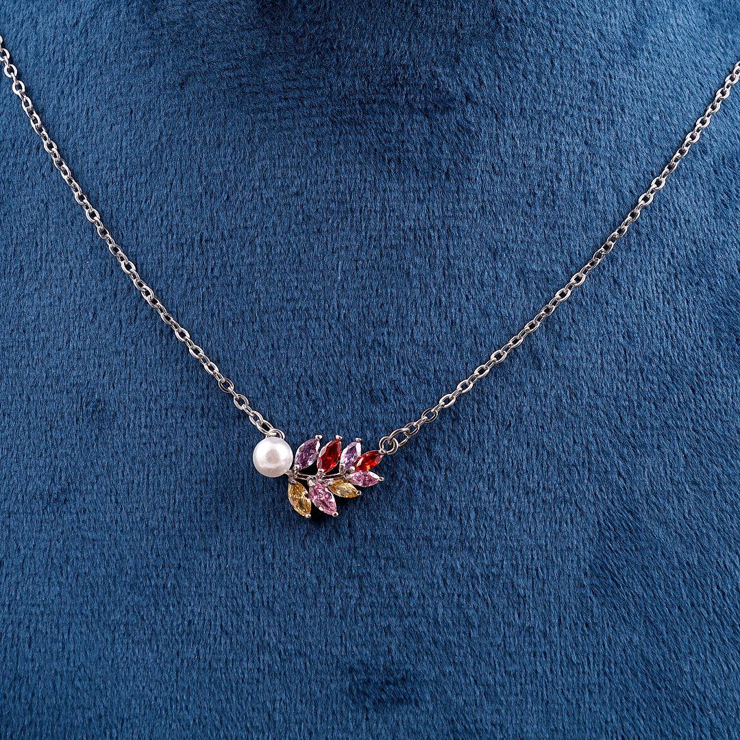 Silver Necklace with Multi-Colored Gemstones and Pearl Pendant