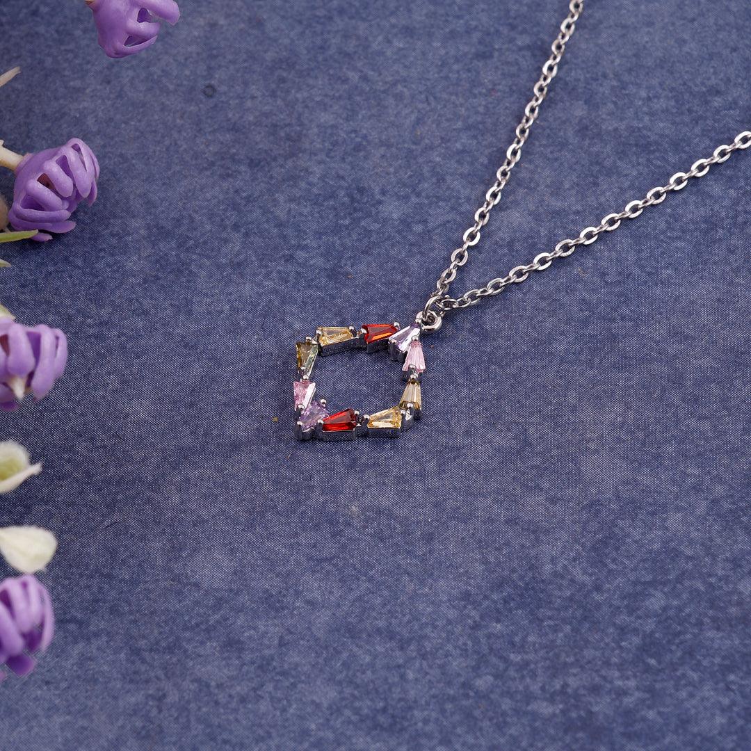 Geometric Silver Necklace with Multi-Colored Stones