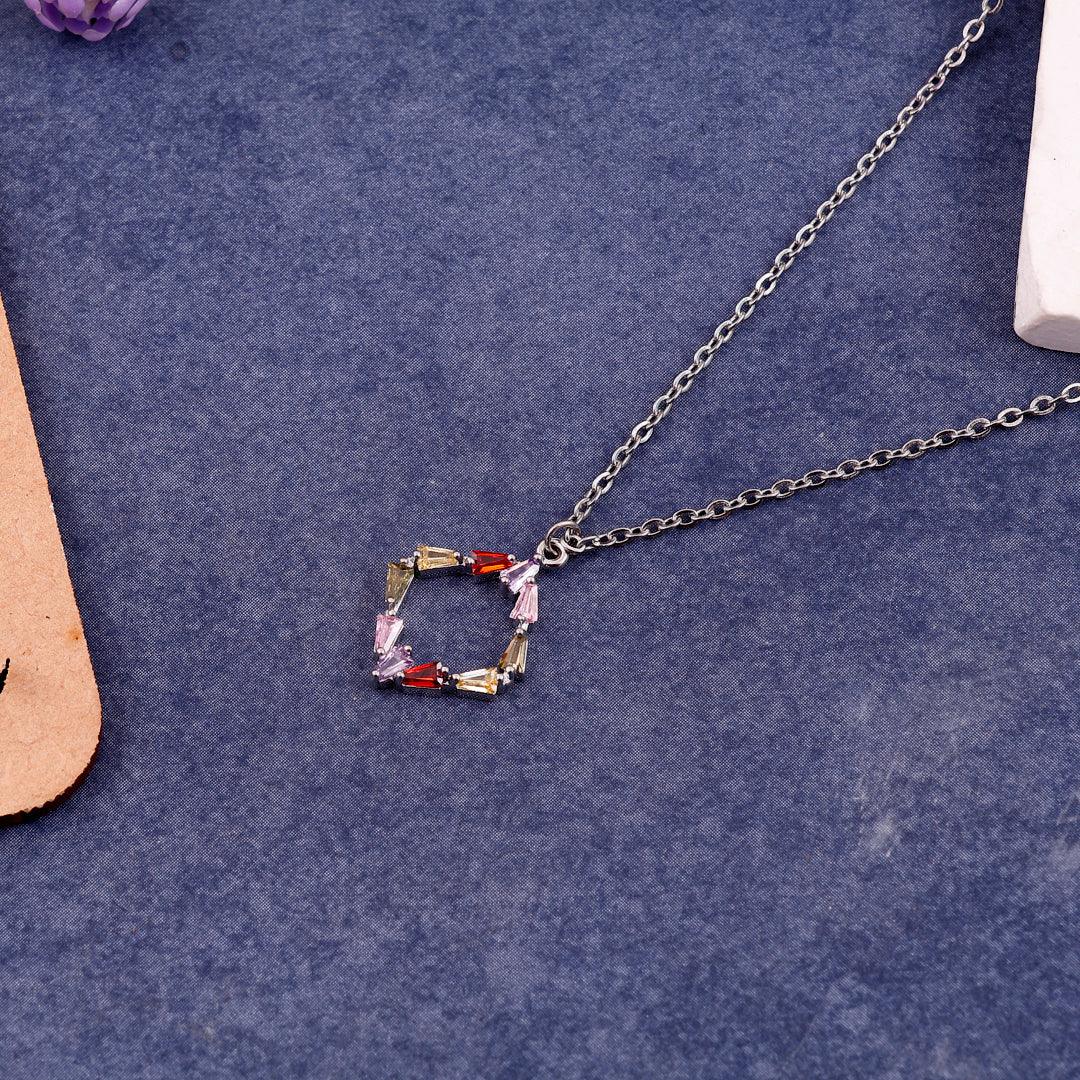 Geometric Silver Necklace with Multi-Colored Stones