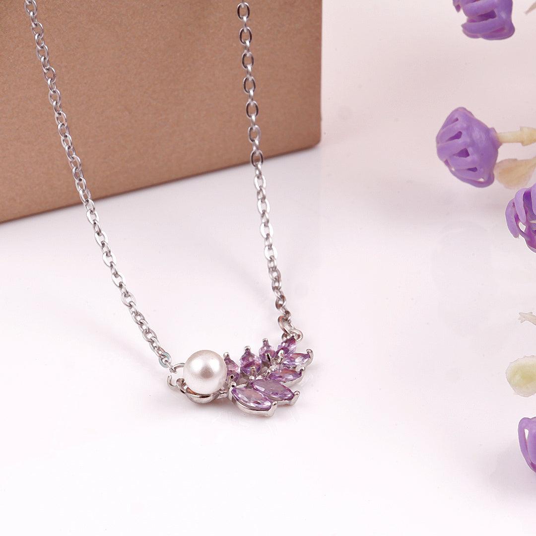 Silver Necklace with Pearl and Purple Gemstone Pendant