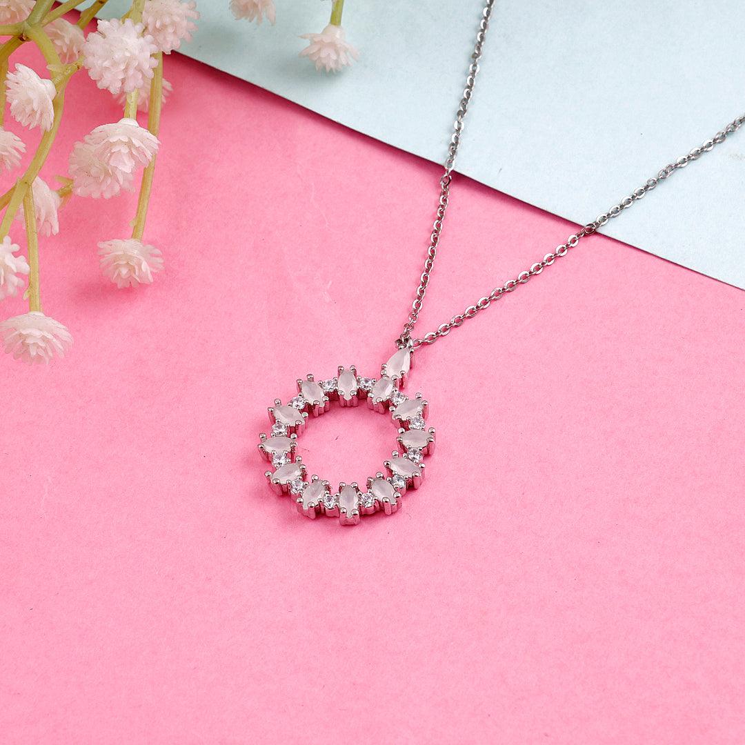 Silver Necklace with Circular Crystal-encrusted Pendant