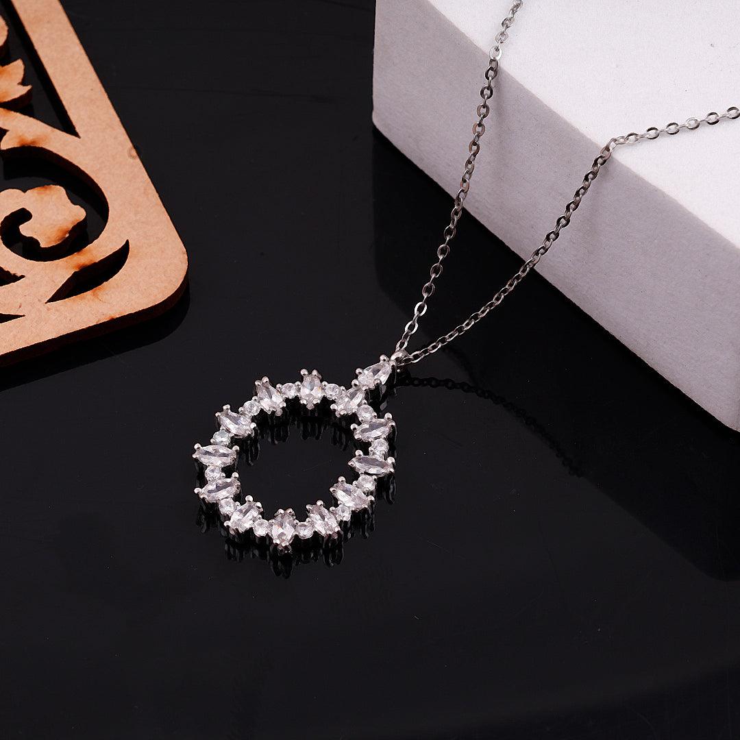 Silver Necklace with a Floral Crystal-encrusted Circle Pendant