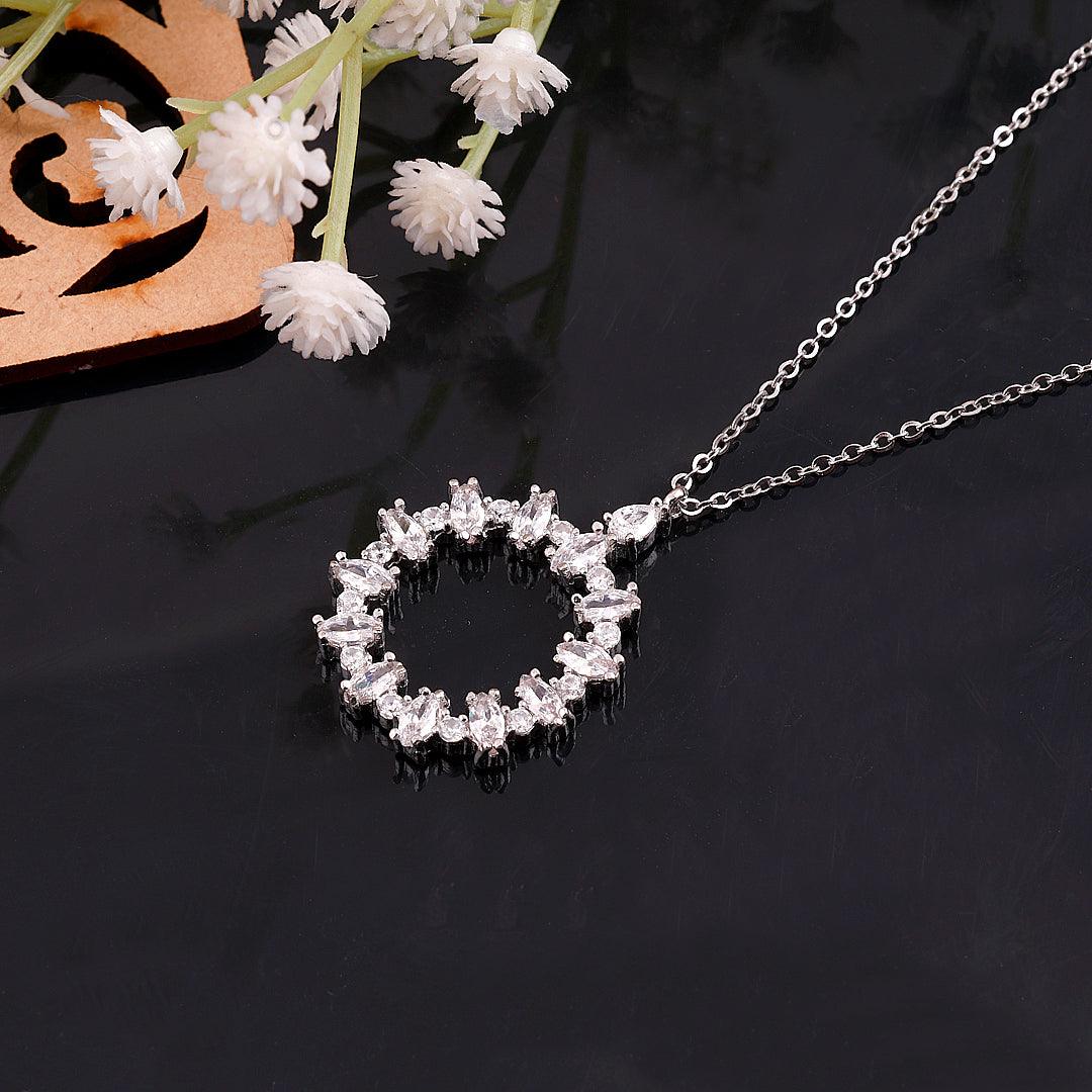 Silver Necklace with a Floral Crystal-encrusted Circle Pendant