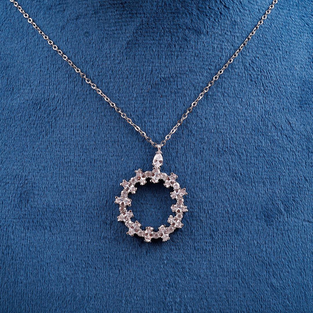 Silver Necklace with a Floral Crystal-encrusted Circle Pendant