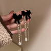 Korean Black Bow Pearl Long Earrings