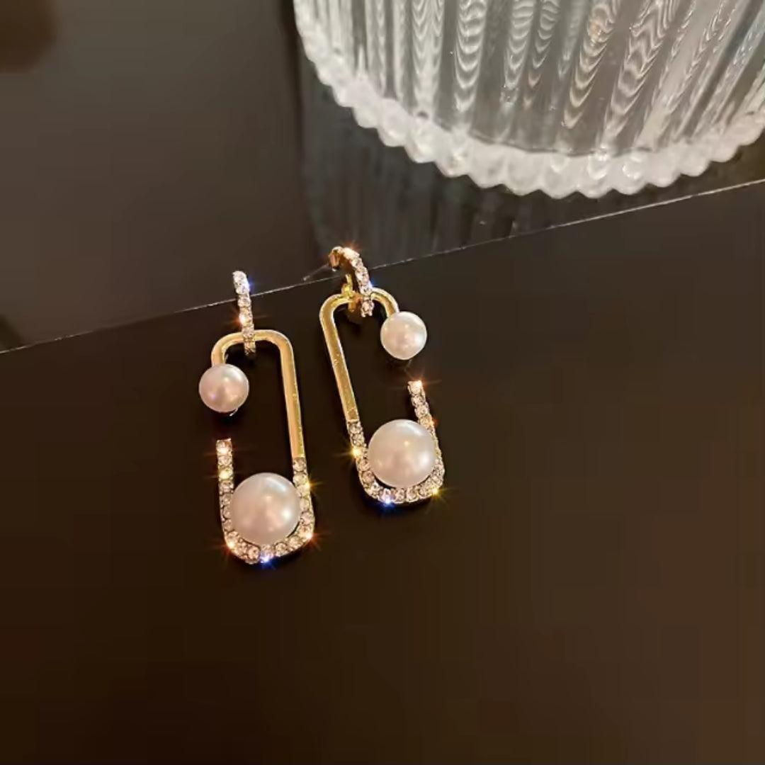 Gold Drop Earrings with Pearls and Rhinestones