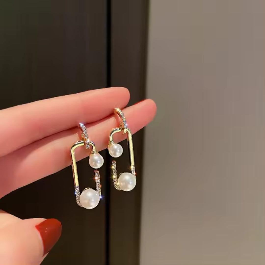 Gold Drop Earrings with Pearls and Rhinestones