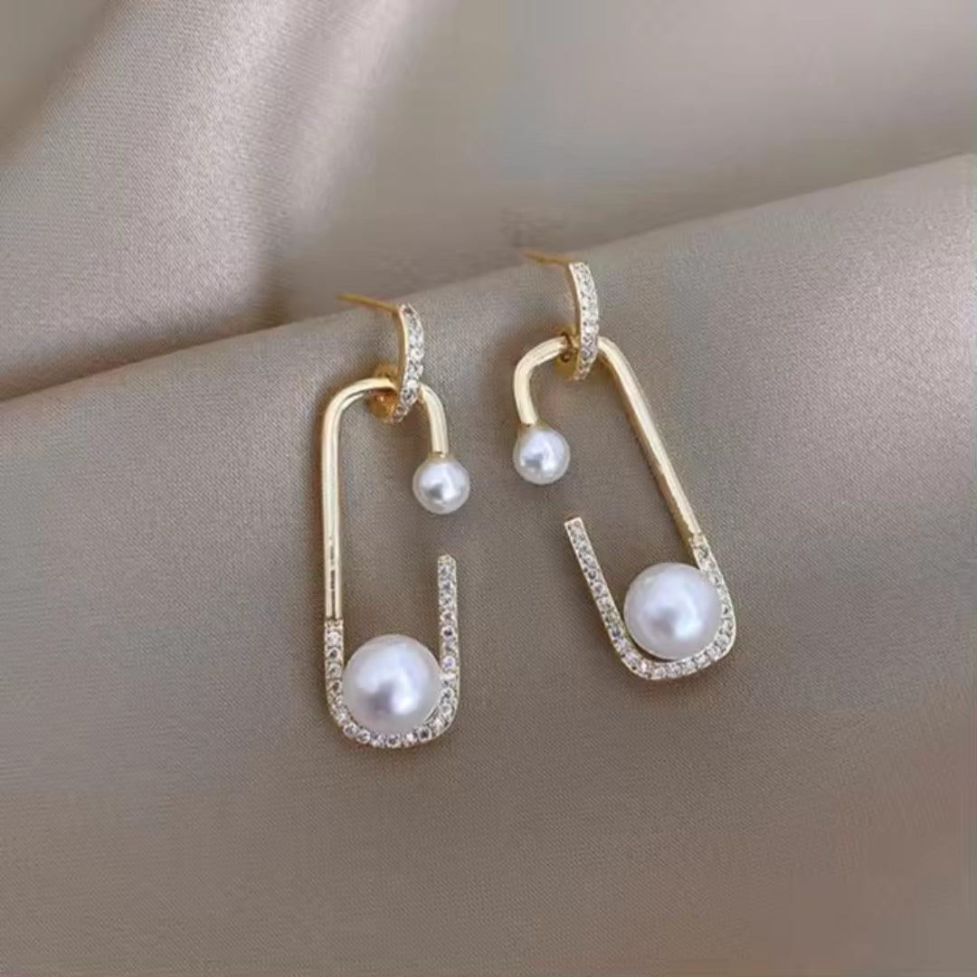 Gold Drop Earrings with Pearls and Rhinestones