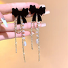 Korean Black Bow Pearl Long Earrings