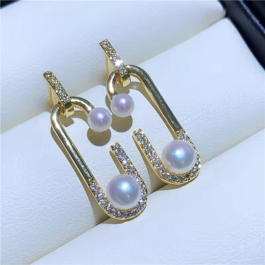 Gold Drop Earrings with Pearls and Rhinestones