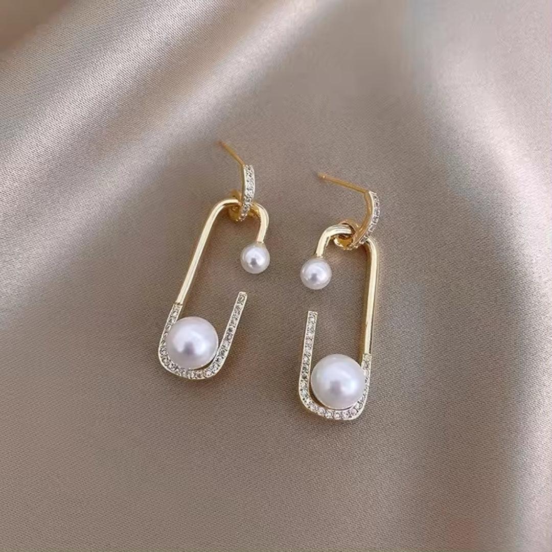 Gold Drop Earrings with Pearls and Rhinestones