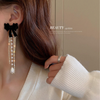 Korean Black Bow Pearl Long Earrings