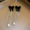 Korean Black Bow Pearl Long Earrings