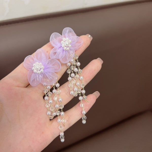 Purple flower white pearl earring