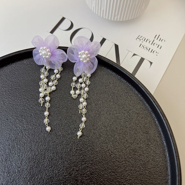 Purple flower white pearl earring