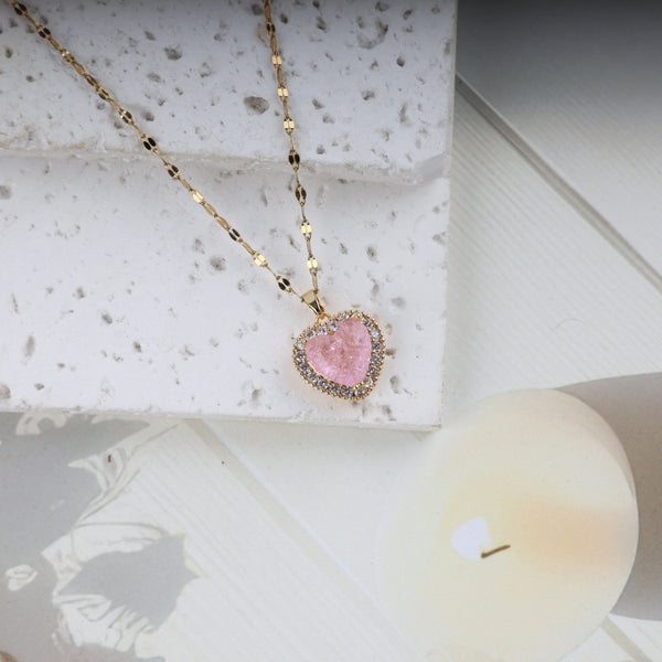 Gold Chain Pink Heart Stone Necklace
