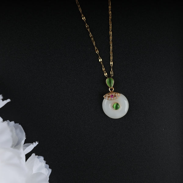 White Circular And Green Stone Necklace