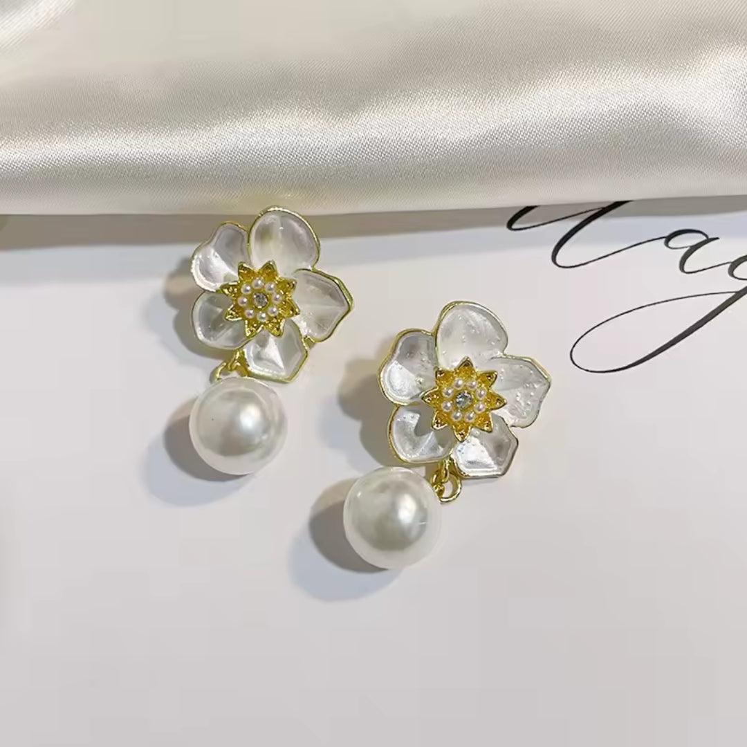 Elegant Floral Pearl Drop Earrings