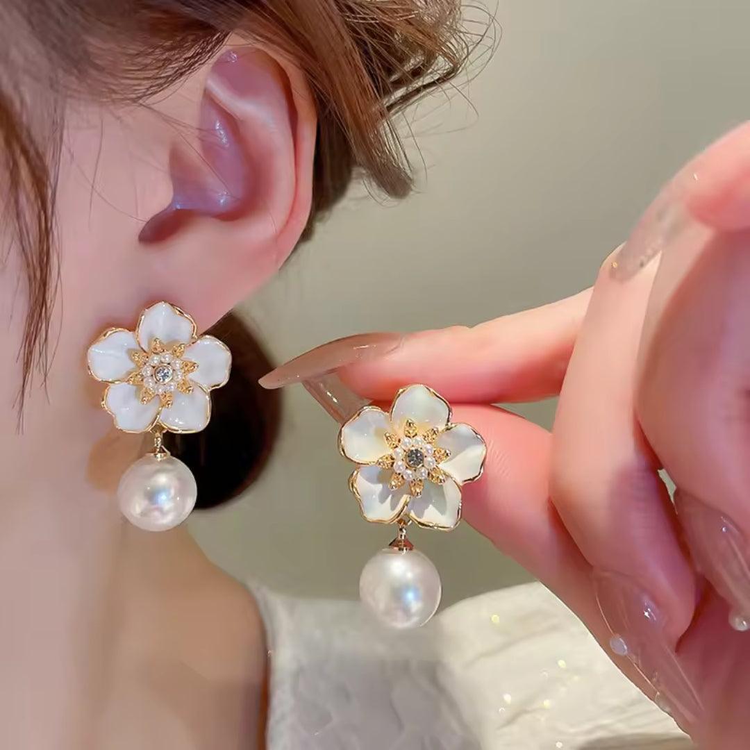 Elegant Floral Pearl Drop Earrings