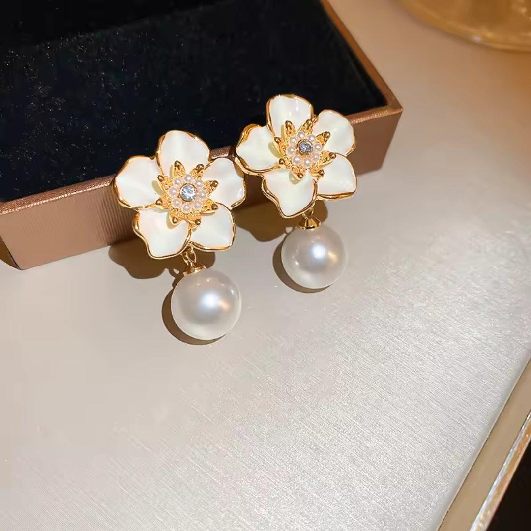 Elegant Floral Pearl Drop Earrings