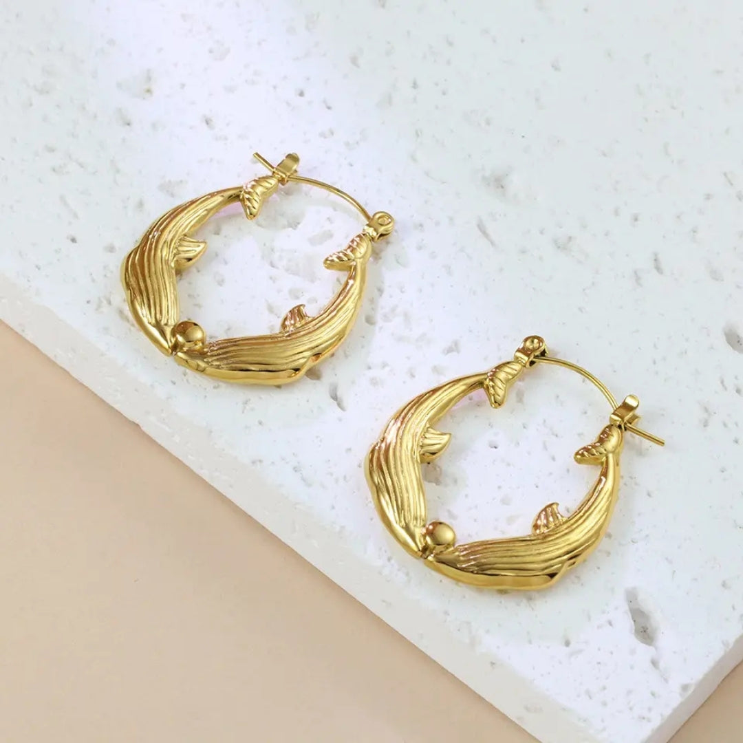 Anti Tarnish Gold Double Dolphin Hoop Earring