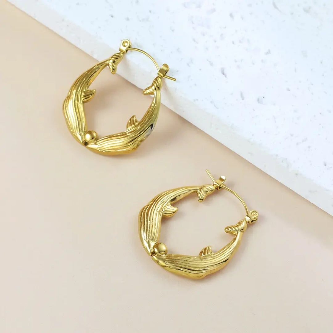 Anti Tarnish Gold Double Dolphin Hoop Earring