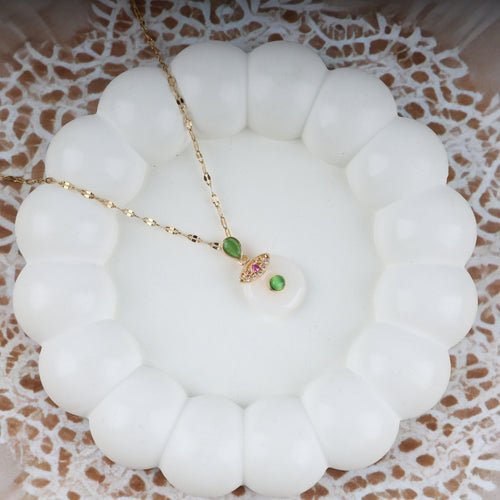 White Circular And Green Stone Necklace