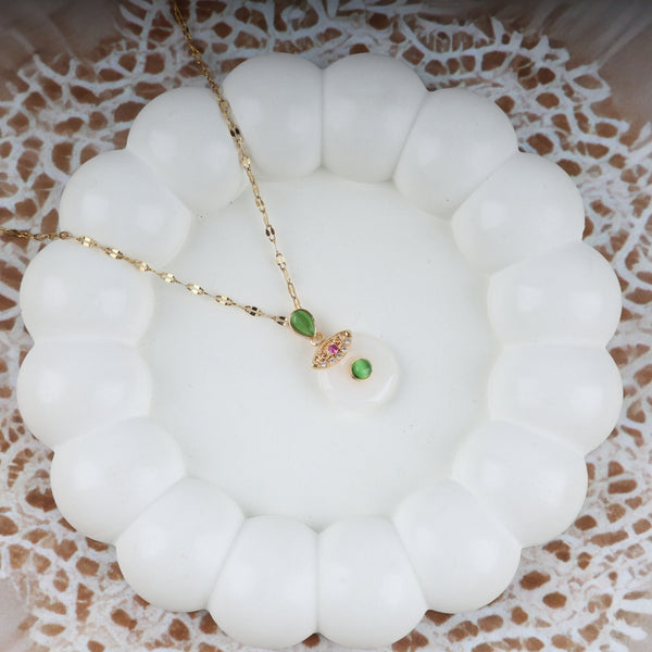 White Circular And Green Stone Necklace