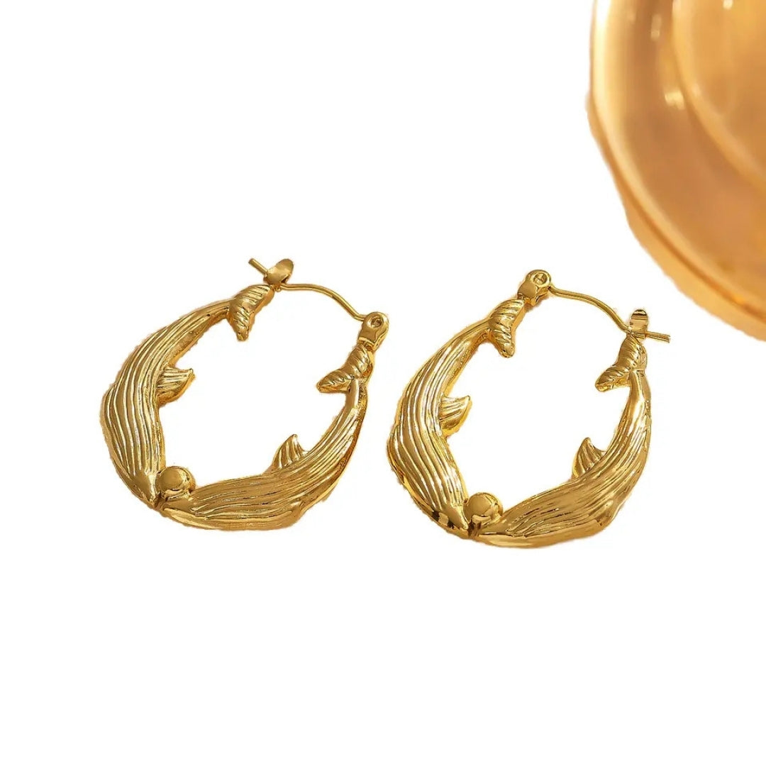 Anti Tarnish Gold Double Dolphin Hoop Earring