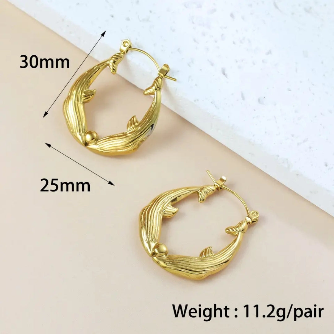 Anti Tarnish Gold Double Dolphin Hoop Earring