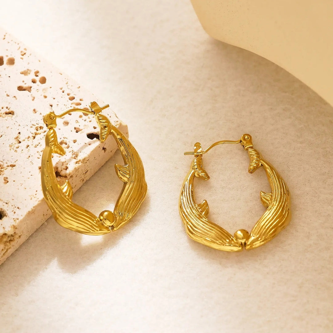 Anti Tarnish Gold Double Dolphin Hoop Earring