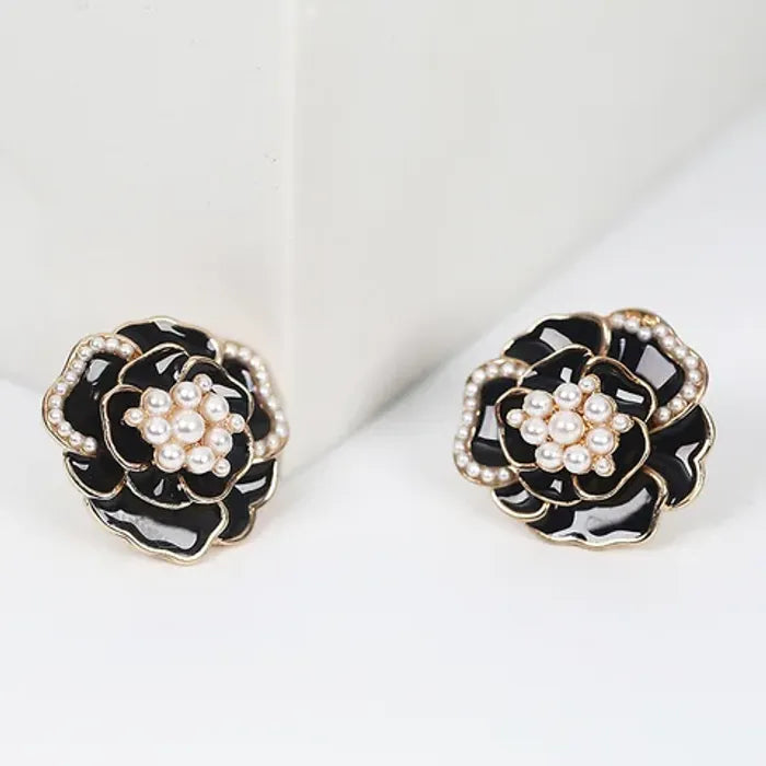 Black Pearl Rose Flower Earrings