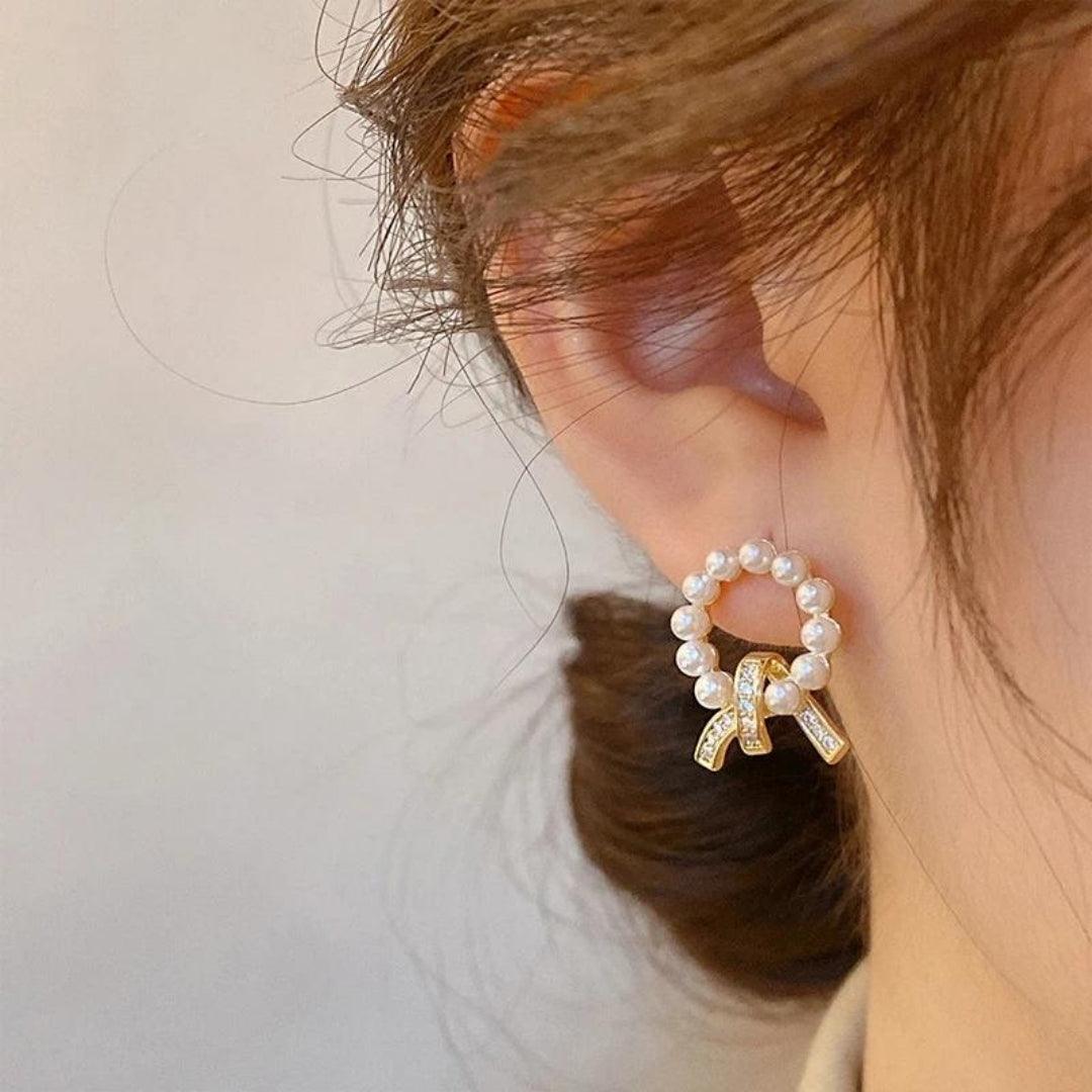 Pearl Circle Bow Earrings