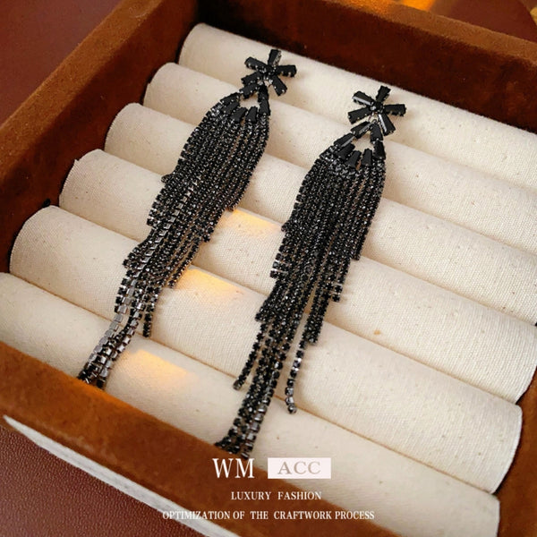 Black Stone Long Chain Earrings