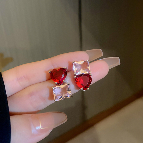 Red Crystal Heart Geometric Stud Earrings
