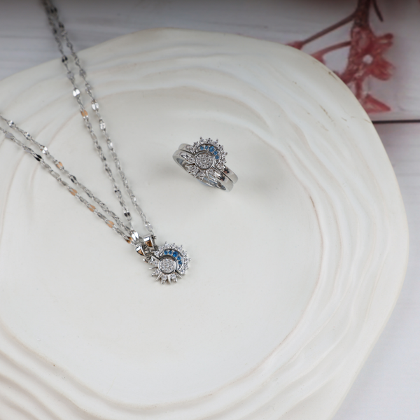 Love Silver Plated Sun Mood Necklace, Ring Set