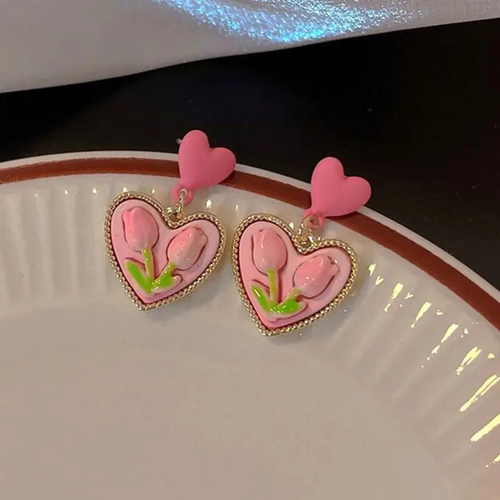 Pink Tulip Heart Earrings