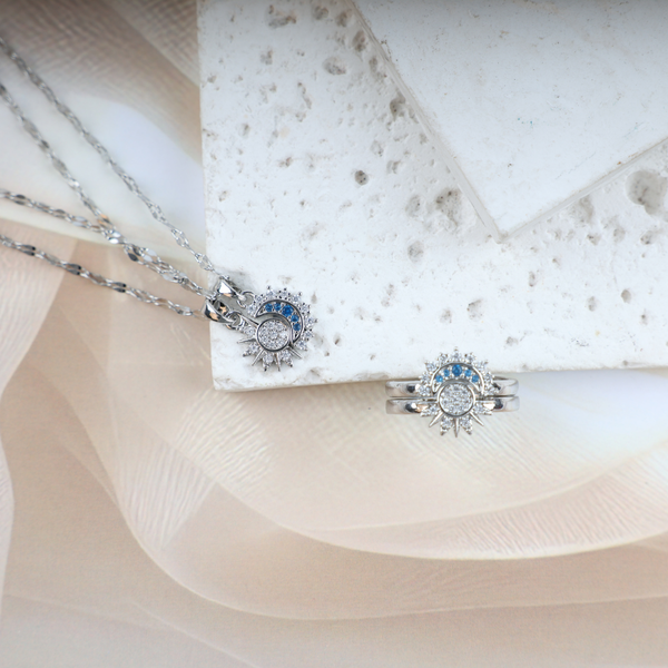 Love Silver Plated Sun Mood Necklace, Ring Set