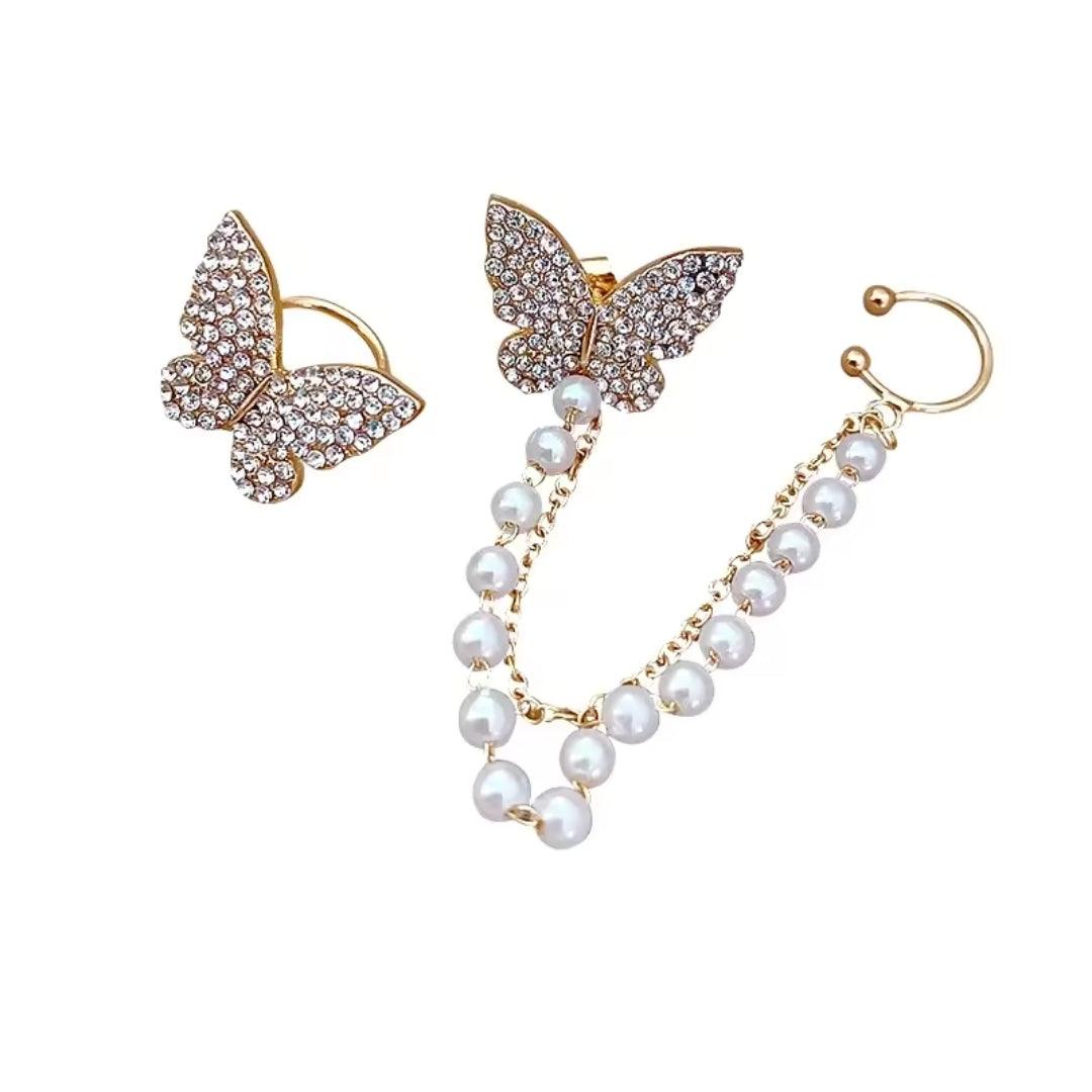 Butterfly Crystal and Pearl Chain Earrings