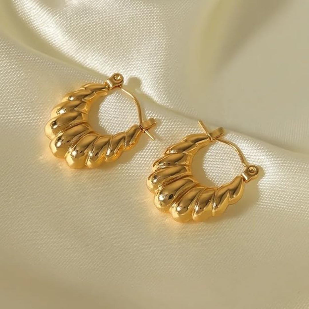 Anti Tarnish Gold Puffed Shell Design Hoop Earrings