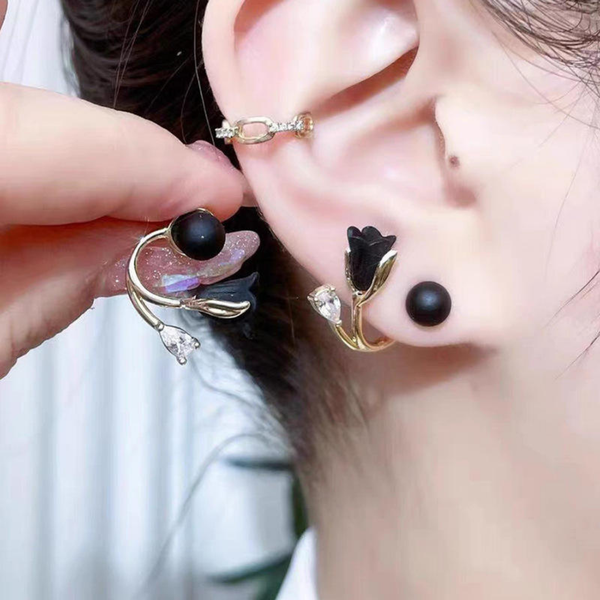 Black Pearl Rose Flower Stud Earrings